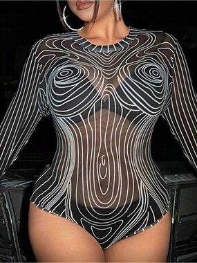Black & White Graphic Long Sleeve Bodysuit